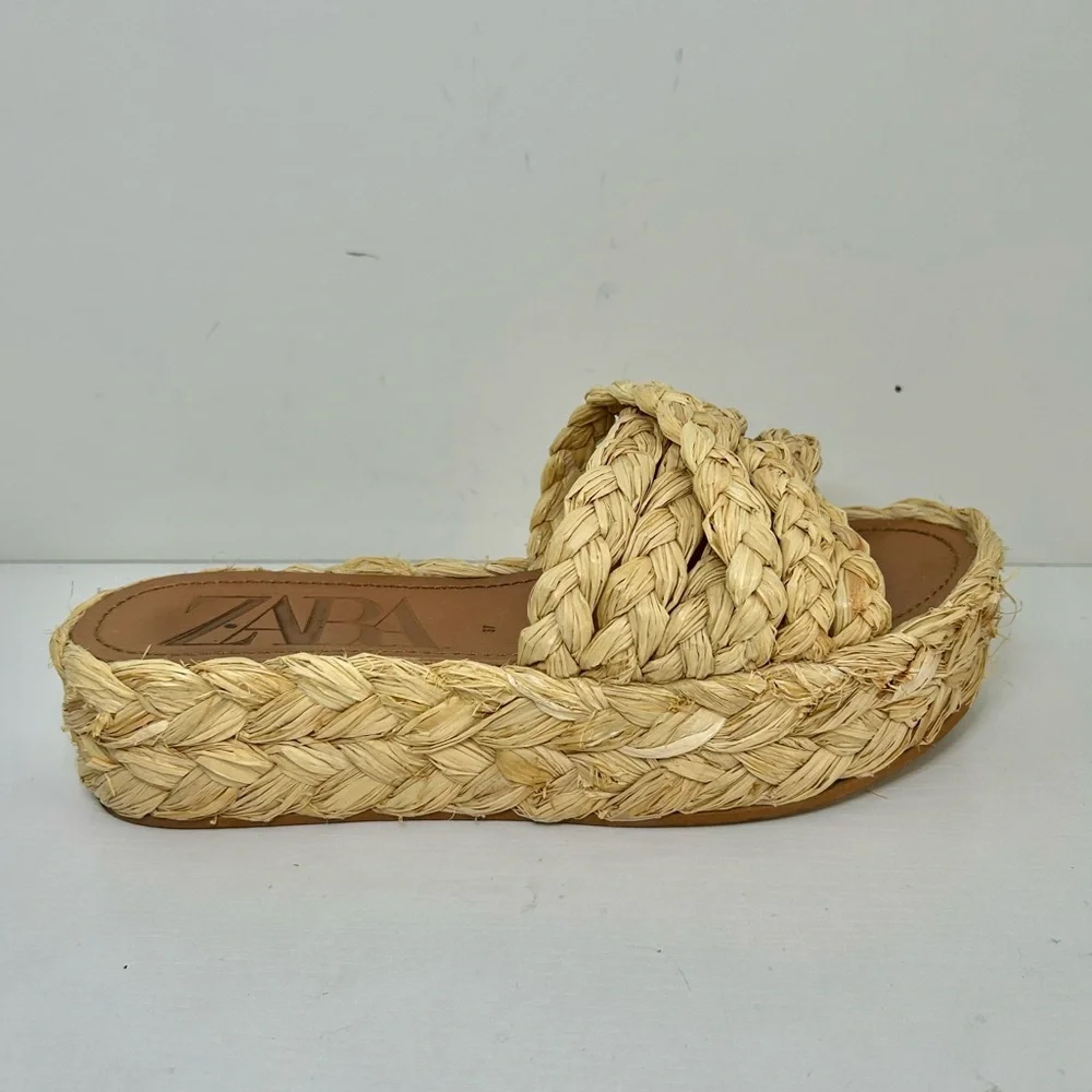 Zara Raffia Braided Platform Neutral Cream Tan Sandals Size 37